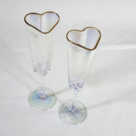 Heart Shape Gold Rimmed Iridescent Champagne Flute‎ Glass Drinkware 5oz Set Of 2 - Picture 15 of 16